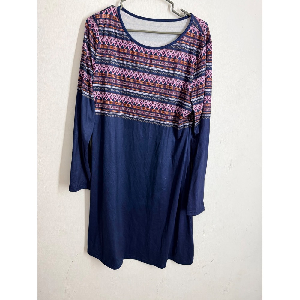 Navy Blue Tribal Geometric Print Long Sleeve Tunic Dress XL Boho Casual